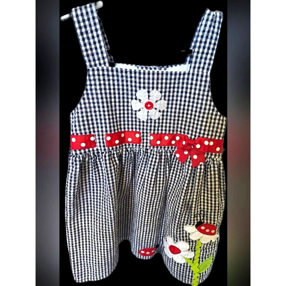 Emily Rose Baby Girls Blue Gingham Daisy Ladybug Appliqué Pinafore Dress